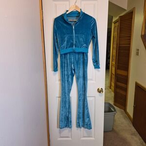 Teal Blue Velour Tracksuit Set Y2K Zip Up Crop Jacket Flare Pants Women's M